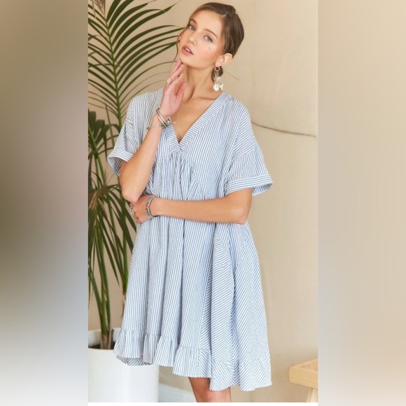 Preppy Babydoll Style Nautical Cotton Blue & White Striped Dress w/Ruffles - Picture 1 of 8